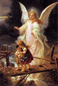 Guardian angel, German postcard, 1900